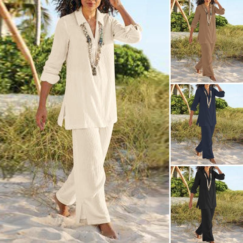 2024 Cross-border Export Plus Size Women's Pure Color National Style Retro Pants Suit Cotton and Linen Casual Long-sleeved Loose Cotton Suit