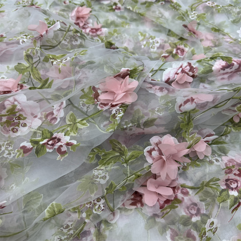 Picture of Hot Sale 3D Handmade Ordered Stereo Fabric Organza Printed Branch Flower dress Chiffon Embroidered Fabric Lace