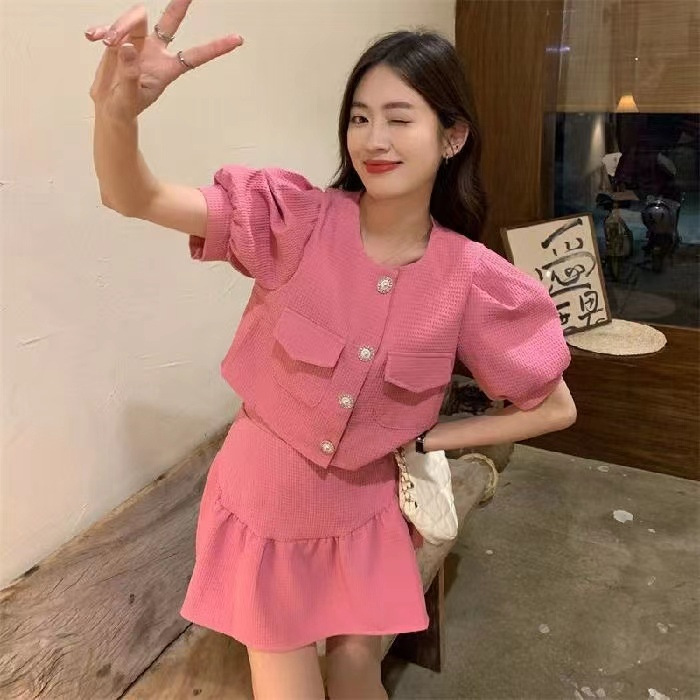 Picture of Elegant socialite Chanel style puff sleeve bow shirt top high waist pleated skirt two-piece suit for women Summer