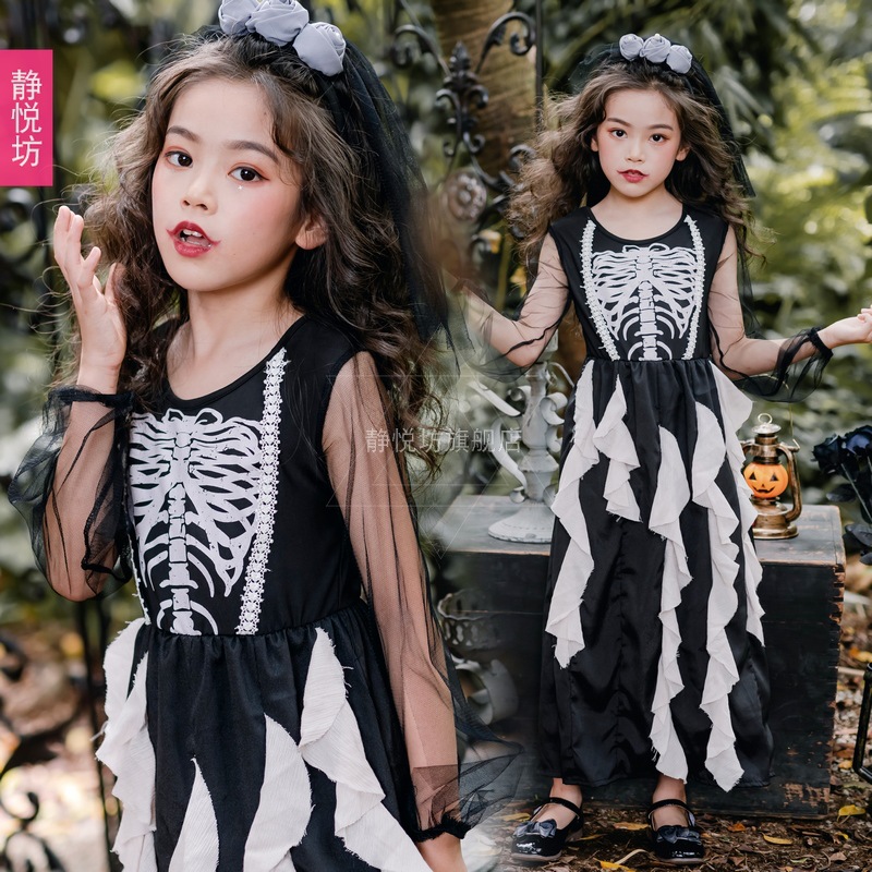 Halloween Costume Children's Costume Girls Dark Devil Bride Long Dress Vampire Skeleton Zombie Dress