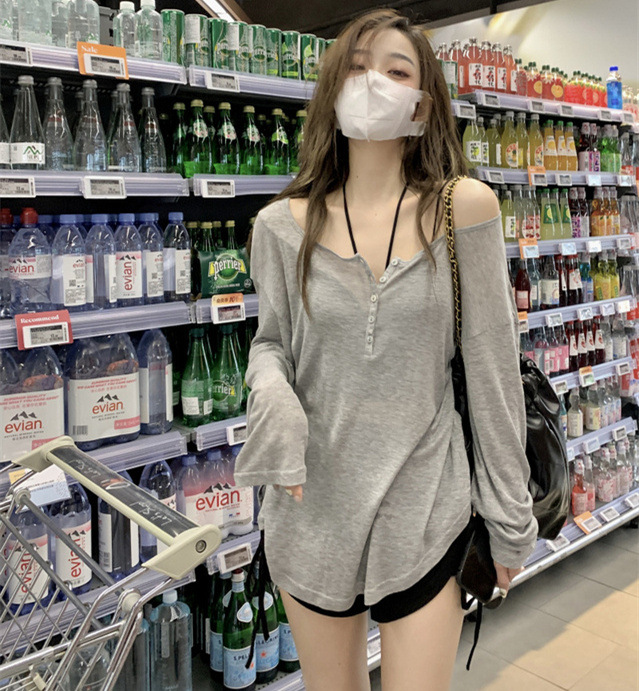 Official Picture Real Price Pure Lust Style T-Shirt for Women Spring & Fall Gray Thin Long-Sleeved Blouse Loose Mid-Length Outer Top