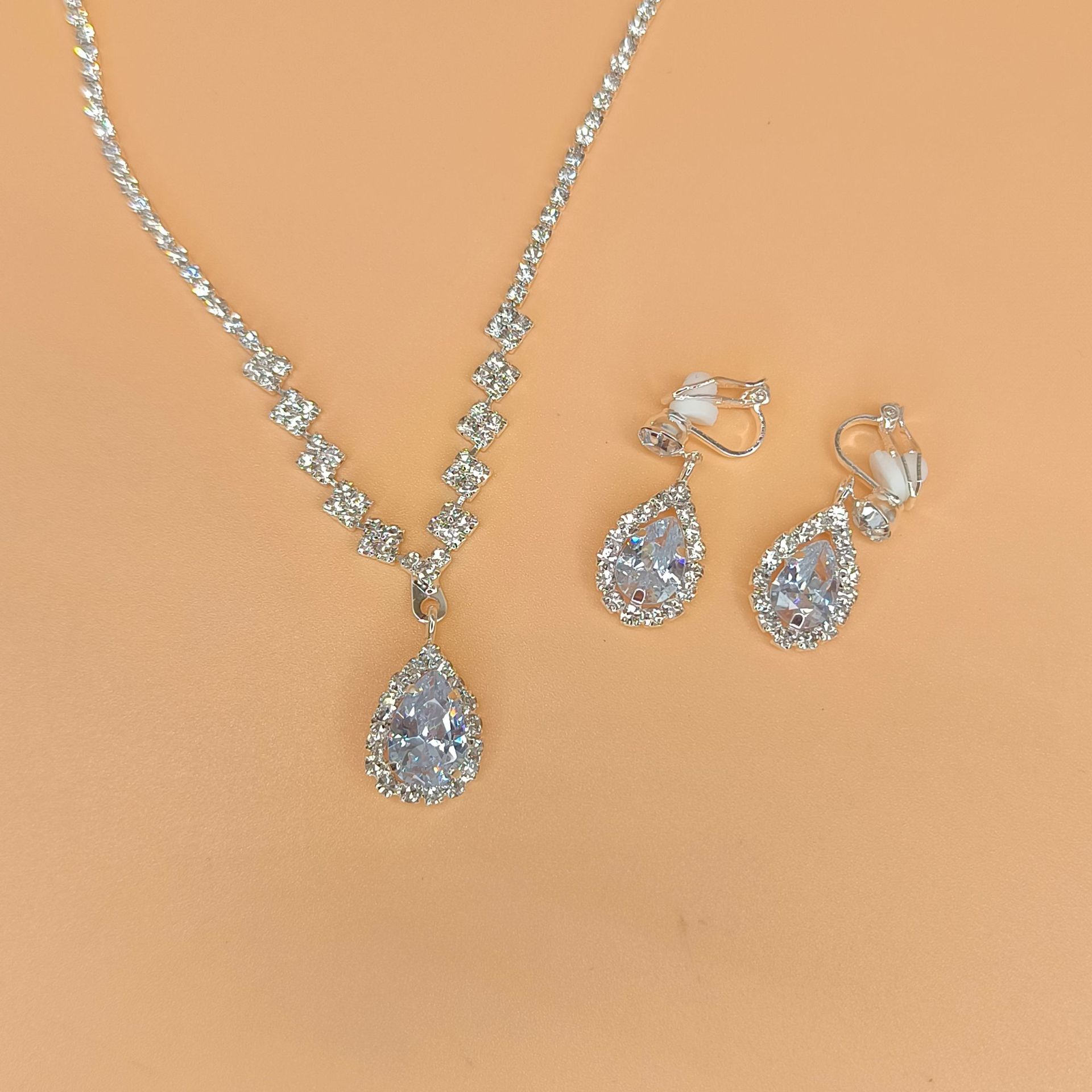 Picture of Brilliant diamond zircon water drop necklace earrings bride wedding jewelry shooting jewelry set wholesale
