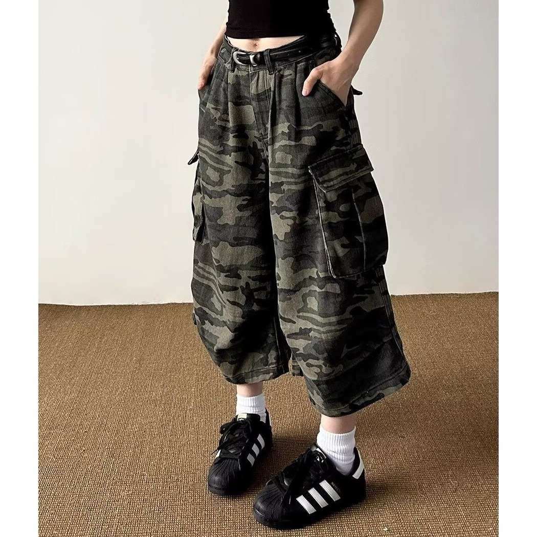 American Retro Multi-Pocket Pleated Camouflage Loose Wide-Leg Cargo Pants Niche Street Versatile Casual Cropped Pants
