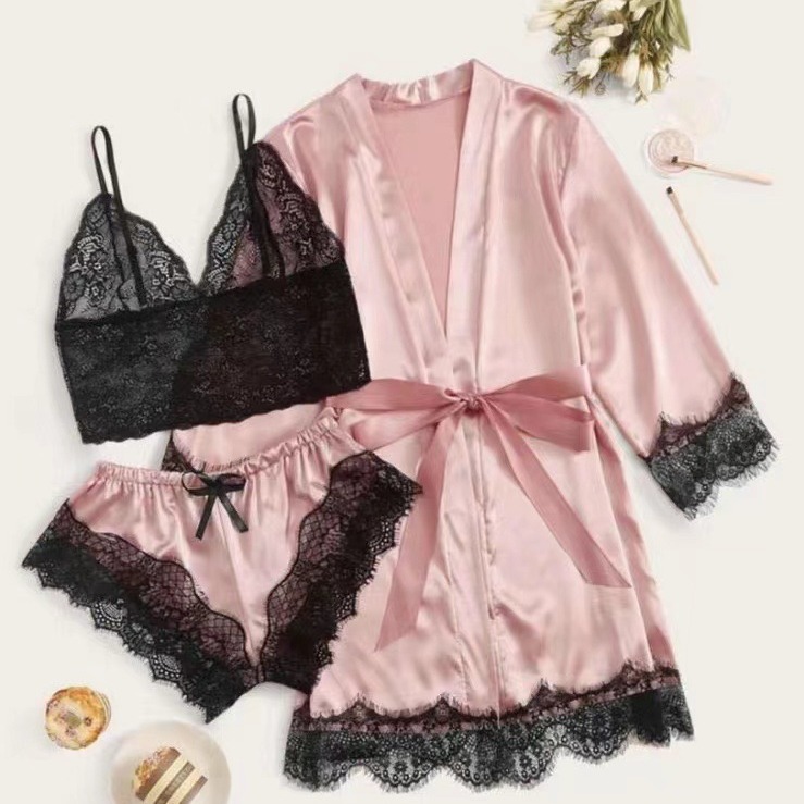 Foreign trade Women's sexy European and American plus size strap nightdress home sexy pajamas European and American lace transparent three-piece set