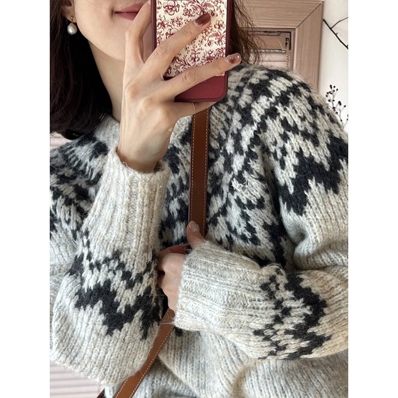 Cross-Border Retro Lazy Style Fair Isle Soft Sweater for Women 2025 New Autumn and Winter Style Top Knitted Base Shirt