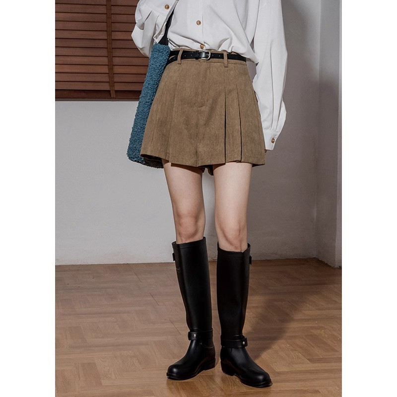 High-Waist Corduroy A- Line Wide-Leg Shorts Women's Autumn Design Age-Reducing Pleated Skirt Slimming Fleece Casual Culottes