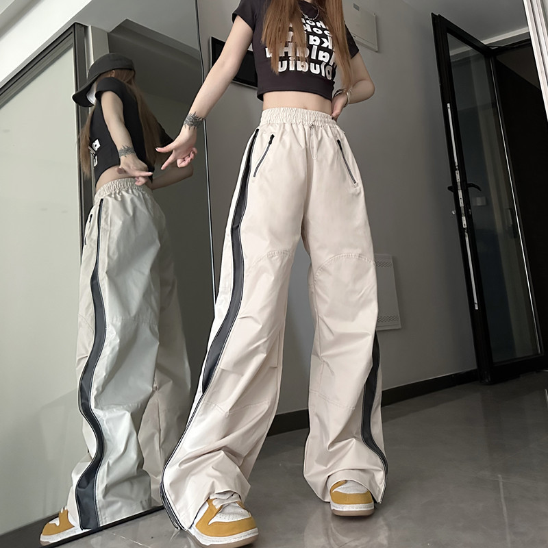 2023 New Real Shot American High Street Zipper Stitching Pants 2023 Summer Fashion New Loose Design Sense Straight