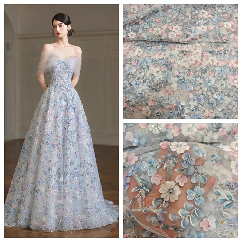 Beaded Three-Dimensional Flower Sequin Stand-Up Embroidery Mesh Flower Lace Fabric Dress Fabric Pink Apricot Orchid Blue
