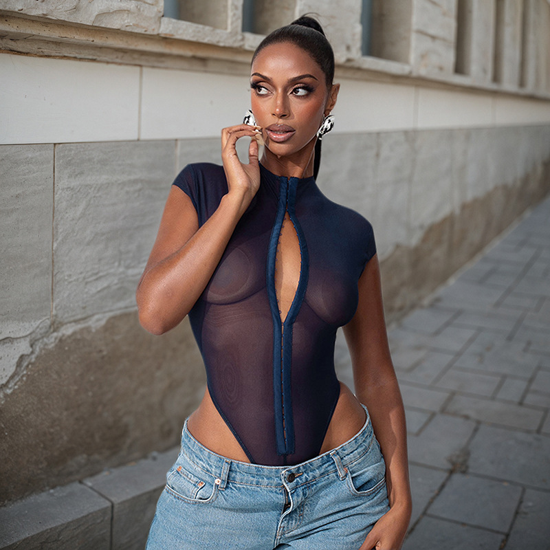Cross-Border Aliexpress 2025 Summer New European and American Clothing Metal Buckle Sexy See-Through Slim Mesh Jumpsuit