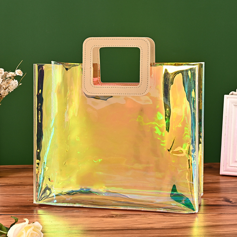 pvc laser tote bag printed logo magic color transparent plastic bag net red shopping bag colorful jelly bag custom