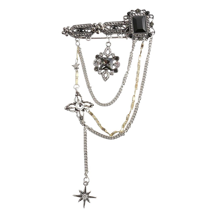 European and American Retro Fashion Diablo Cool Black Gem Flash Diamond Star Tassel Chain Brooch Suit Accessories Women's Fashion