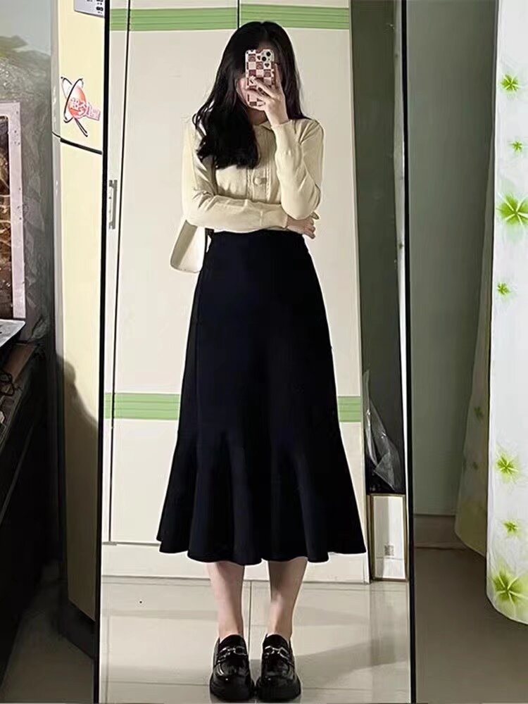 Half-length fishtail skirt chubby girl plus size versatile black spring and summer student High waist mid-length A- line cover cross skirt for women