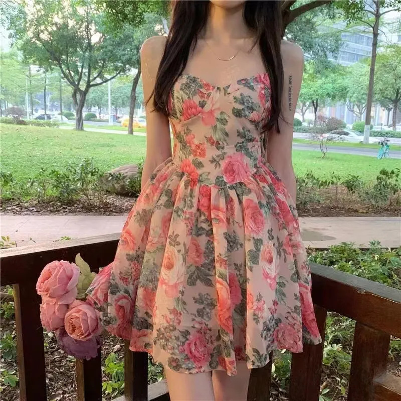 High Waist Elegant Slimming Floral Sling dress Women's 2023 Summer French Style New Arrival A- Shown Short Skirt