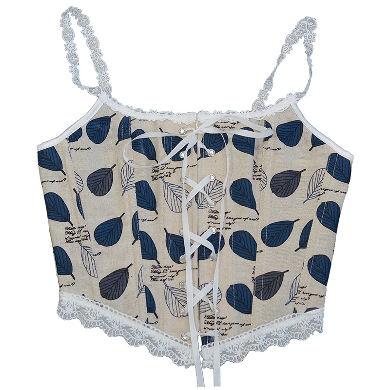 Picture of 21227 French Strap Corset Blue Ba Leaf Printed Lace Stacked Vest Women's Top