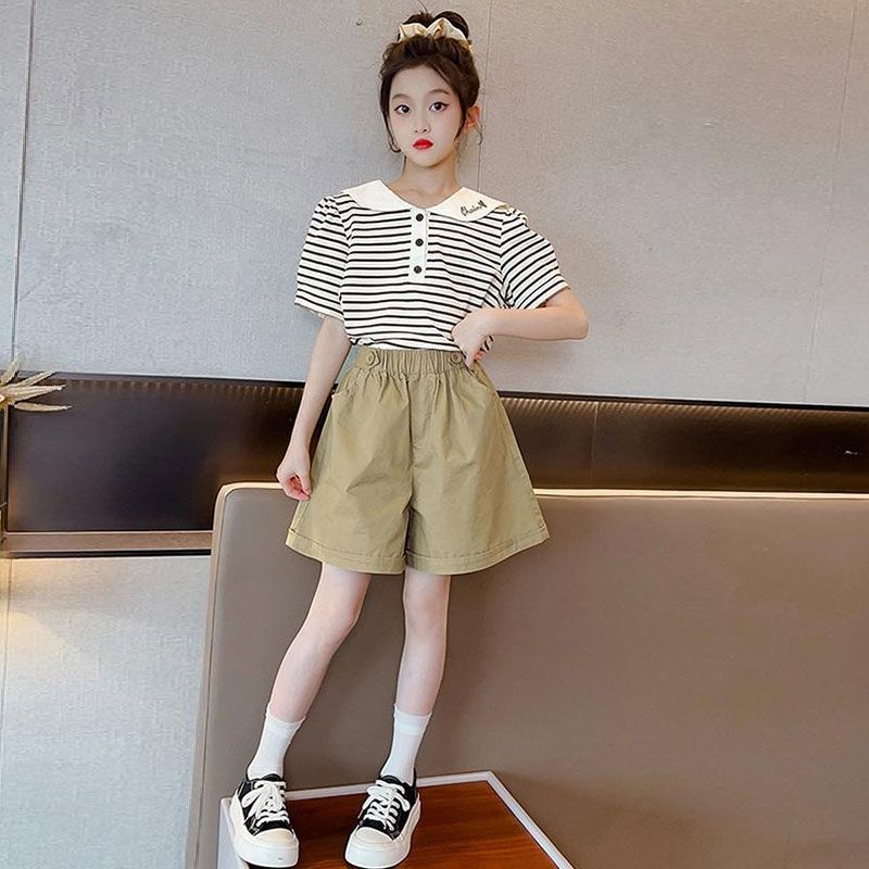 Picture of Girls' suit Summer Big Girls' Short-sleeved Striped Doll Collar Top Casual Shorts Children's Summer Sports Summer Wear