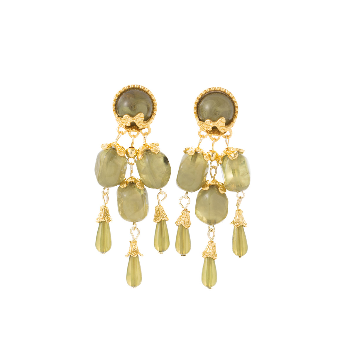 Picture of Silver Needle Vintage Green Tassel Earrings Palace Style High-End Earrings Fashionable Unique Exaggerated Earrings