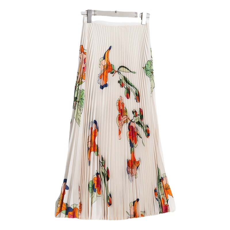 Japanese Style Pleated Suit Women's Light Mature Style Printed High Neck Slim-fit Long Sleeve Top High Waist Skirt All-match Two-piece Set
