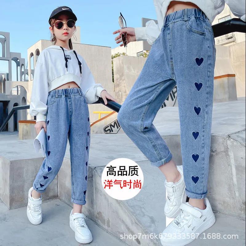 Girls' pants spring and autumn jeans 2021 new autumn clothes big children girls' Western style lovely Korean style trousers daddy pants