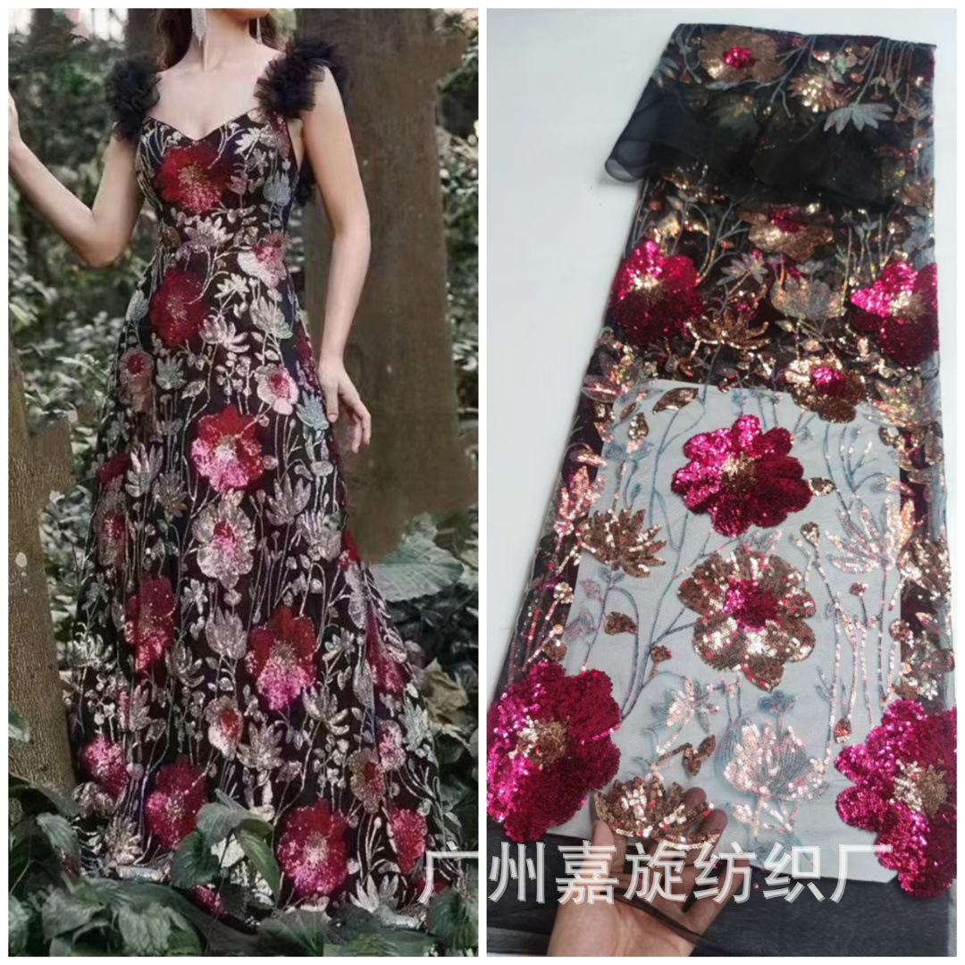 African Vintage Mesh Embroidery Flower Sequins Embroidered Cloth Wedding Dress dress Lace Fabric sequinis