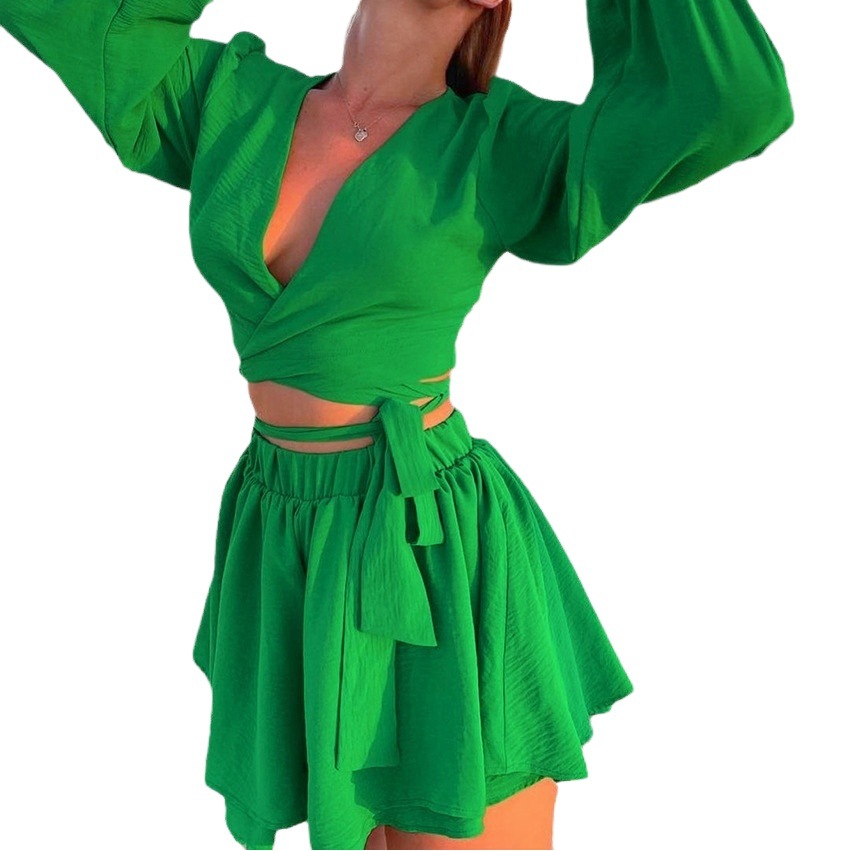 2024 European and American Autum New Ice Silk Wrinkle Sexy Cardigan Pajamas Two-Piece Set Puff Long-Sleeved Shorts Women's Home Wear
