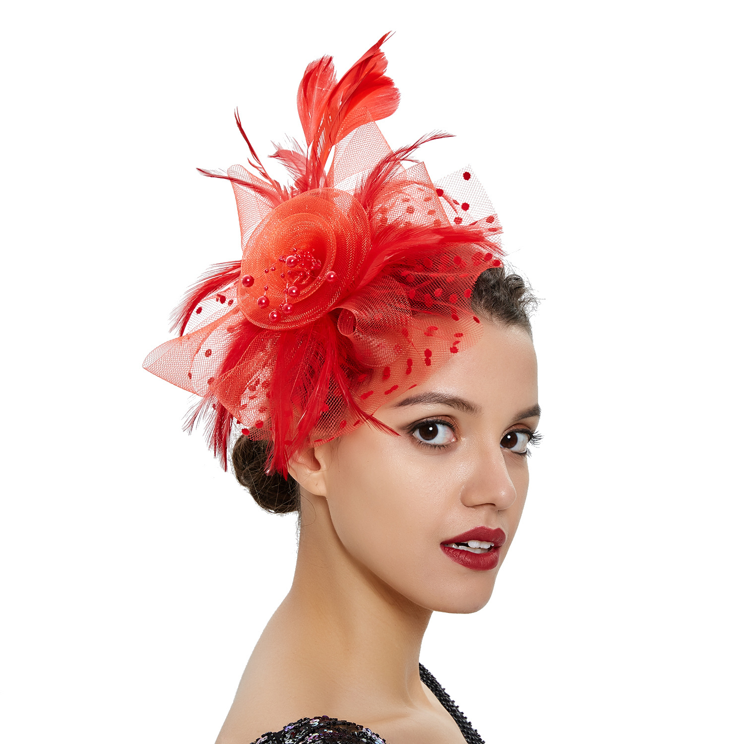 Picture of European and American Popular Amazon Feather Headdress Bridal Hair Accessories Mesh Top Hat Jockey Club Hair Accessories Hairpin Headband