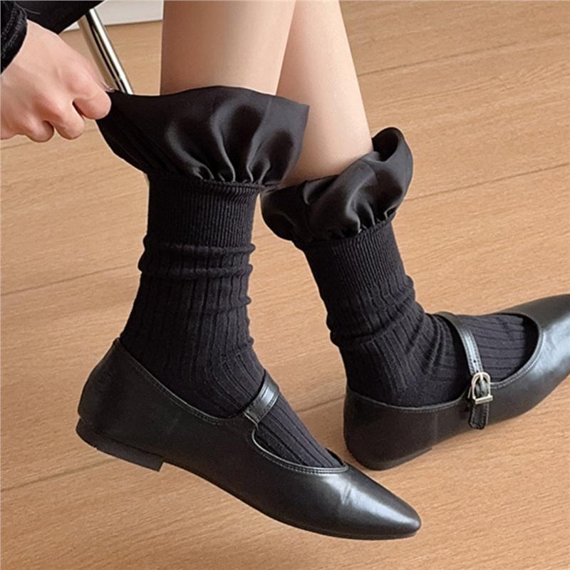 Handmade three-dimensional bubble mouth pleated lotus edge catwalk calf socks ins wind blogger with solid color pile socks