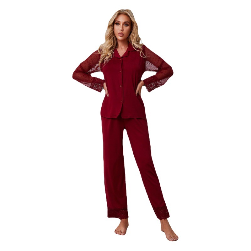 Foreign Trade Amazon European and American Home Clothes Women's Solid Color Lace Mesh Long Sleeve Pants Pajamas Suit Cross-border ebay
