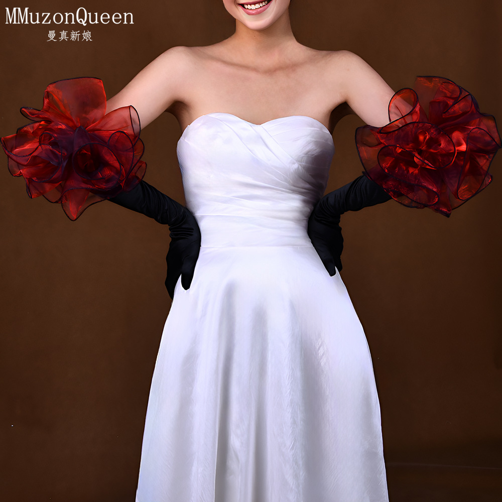 Man True Black Women Satin Gloves Long Fashion Red Big Flower Wedding Dress Party Accessories MM19