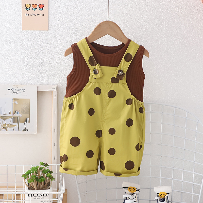 Picture of Summer new girls' fashion dot printed short-sleeved cotton suspender pants two-piece suit source factory wholesale