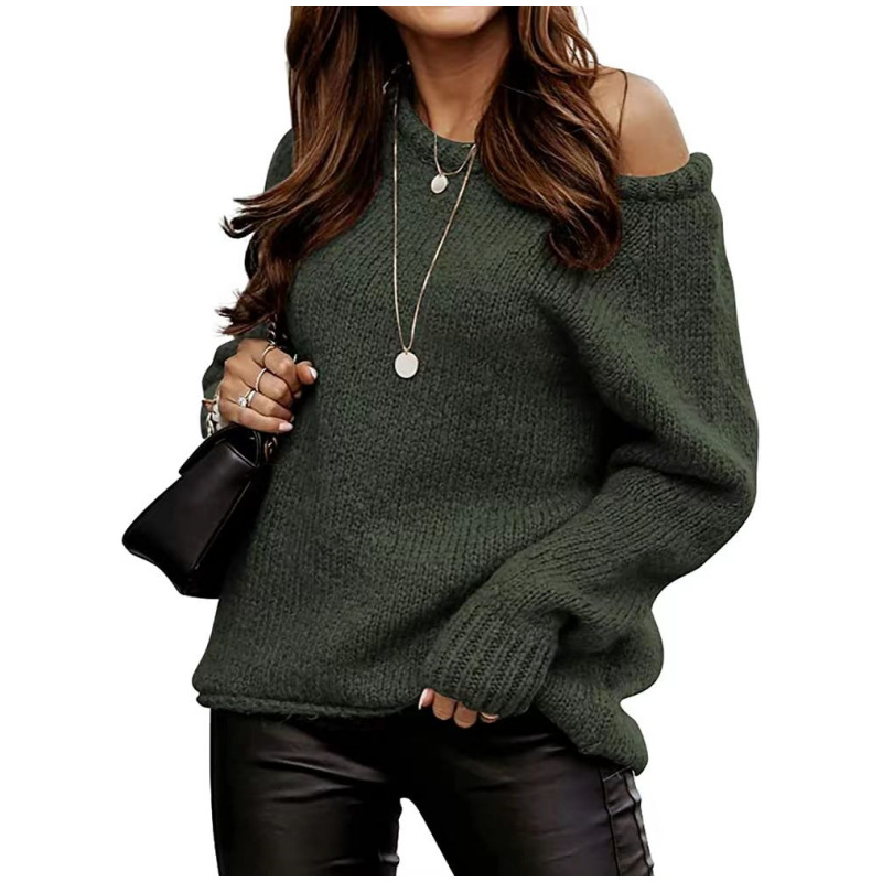 Cross-border Amazon Autumn and Winter Shoulder Sexy Crewneck Pullover Knit Solid Color Casual Loose plus size Sweater for Women