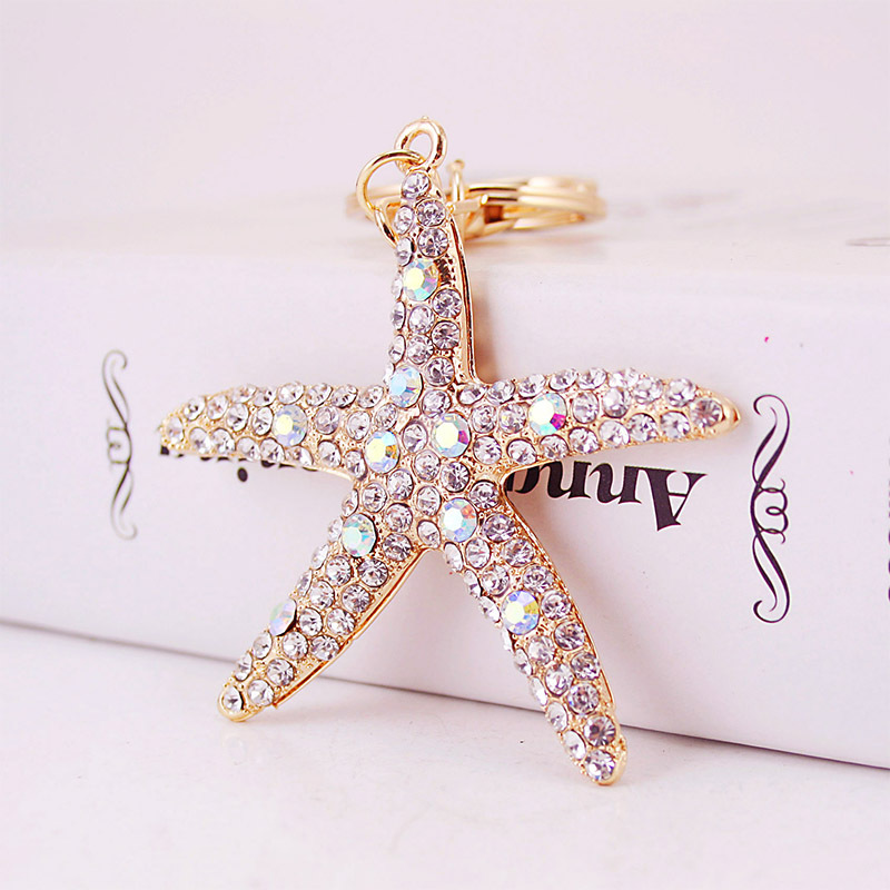 Creative Cute Diamond-encrusted Crystal Sea Life Starfish Car Keychain Metal Pendant Women's Bag Keychain Gift