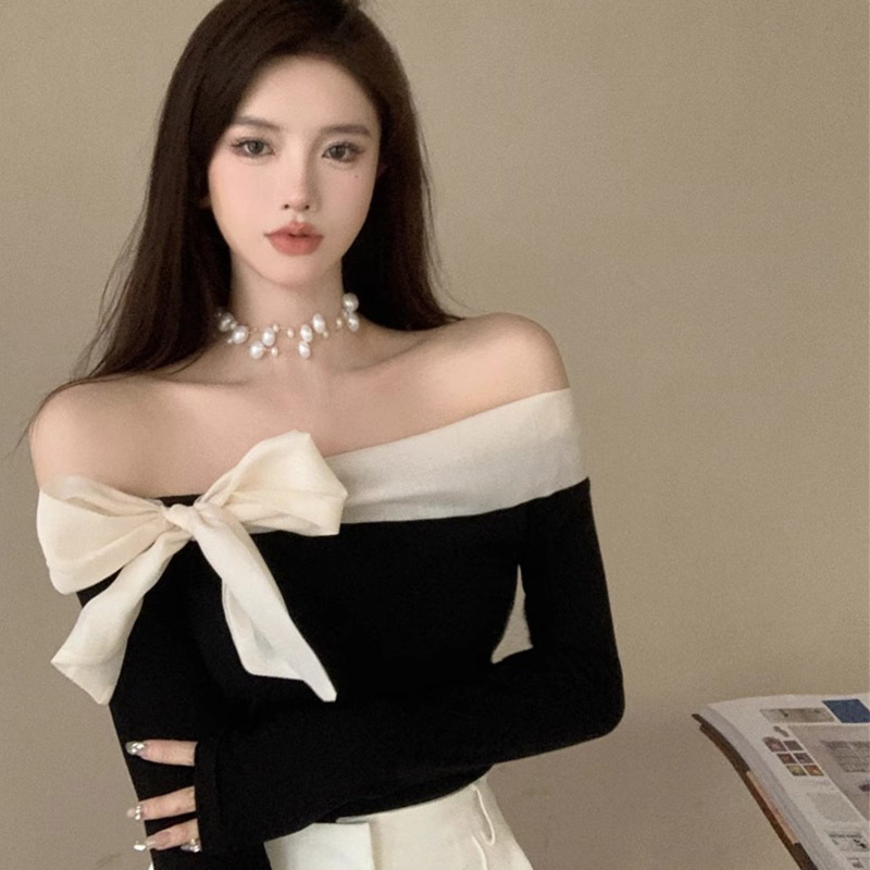 I French Style Pure Desire Sexy Spice Girl Shoulder Inner Women's Spring and Autumn Long Sleeve T-Shirt Shoulder Base Shirt Top Slim-fit