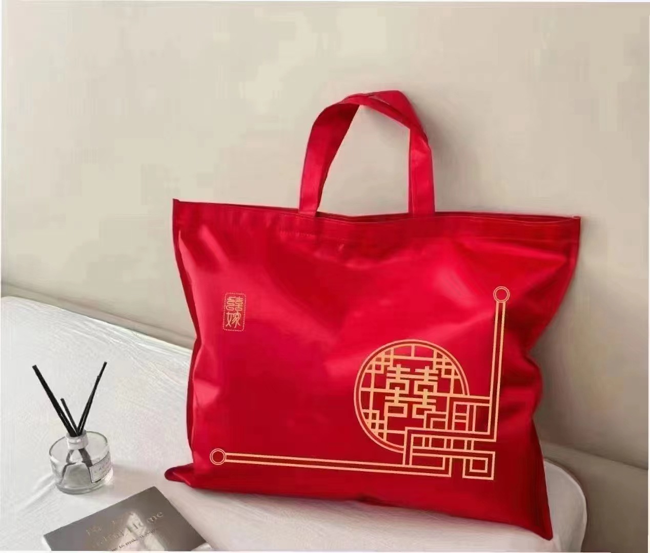 Picture of High-end Brocade Leather Summer Cool Quilt Packaging Bag Rattan Mat Ice Silk Mat Wedding Four-piece Set Gift Storage Bag Handbag