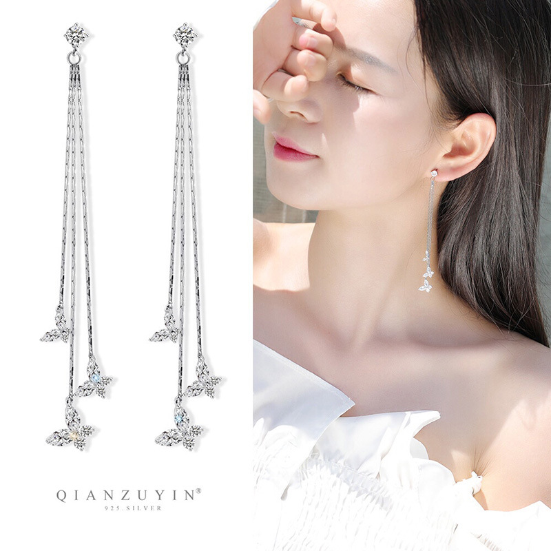 S925 Sterling Silver Pin Earrings Women's Long Elegant Korean Butterfly Tassel Super Fairy Earrings Personalized Internet Celebrity Fashion Earrings