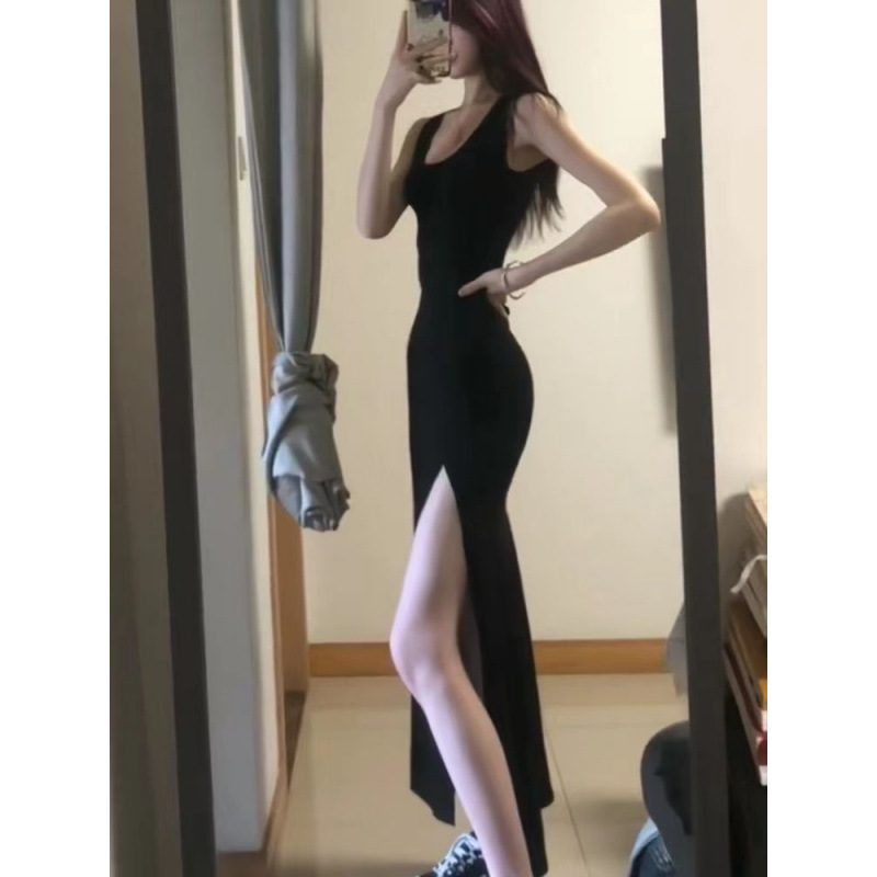 French Style Hot Girl Split Waist Slimming dress Women's Autumn Slim-fit Cyber Celebrous Hip Base Vest Long Dress