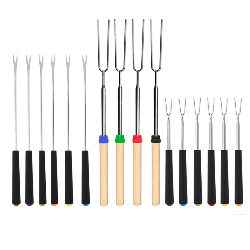 Cross-border outdoor BBQ Stainless Steel telescopic barbecue fork U-shaped wooden handle marshmallow barbecue stick barbecue fork barbecue stick