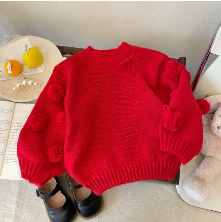 Picture of Girls Pullover Sweater 2025 Autumn and Winter New Korean Style Kidsren's Style Baby Girl Red Lantern Sleeve Fur Ball Sweater