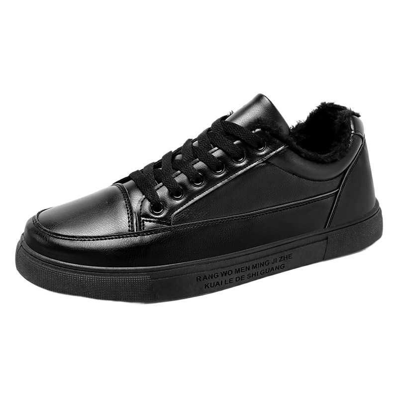 Leather Sneakers Men's Autumn and Winter New Arrival fleece-lined Casual Shoes Warm Black Couple Shoes plus size All-Match Comfortable Leather Shoes for Men