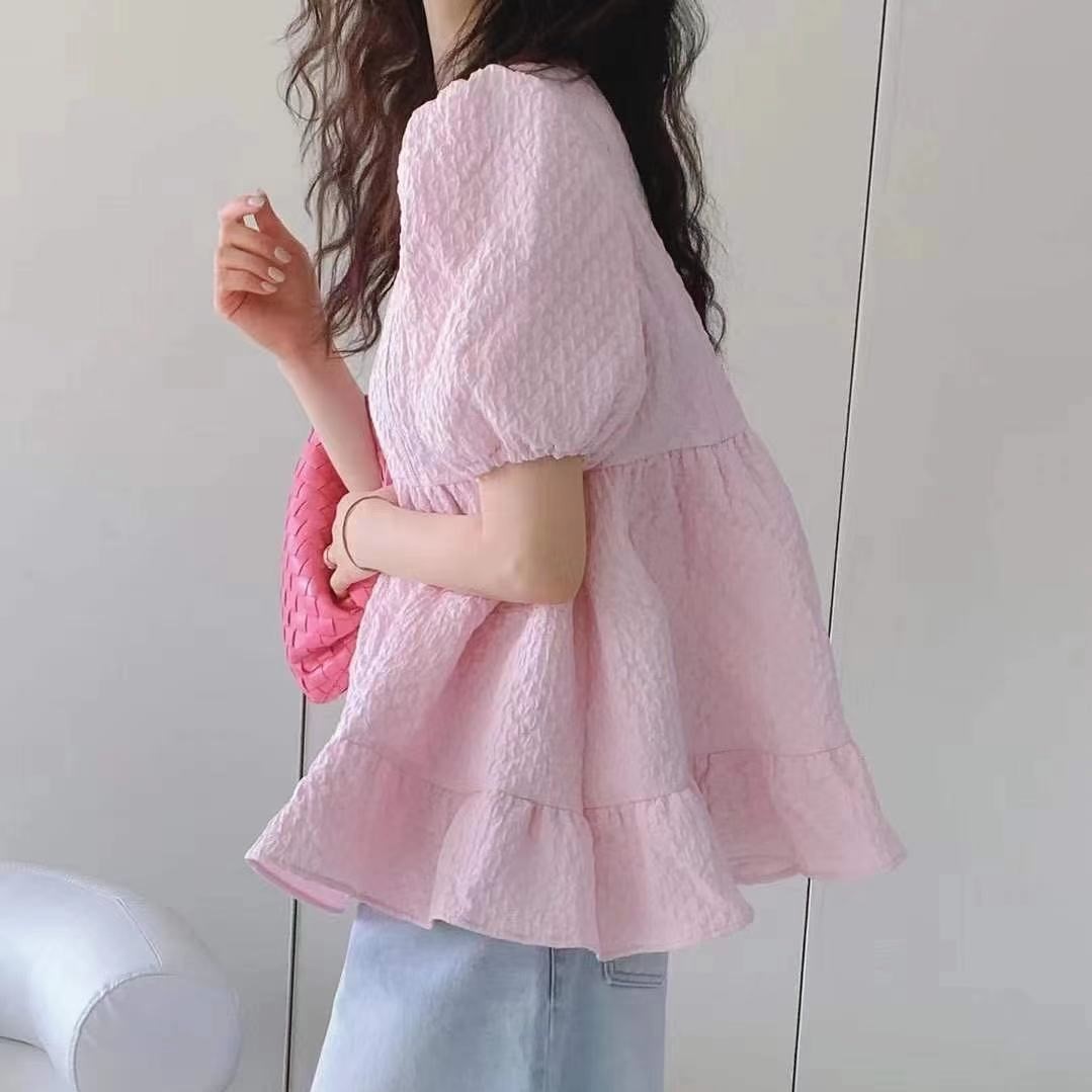 Picture of 2023 Summer New Bubble Top Lotus Leaf Doll Shirt Sweet Short Sleeve Shirt Women's Japanese and Korean Foreign Trade