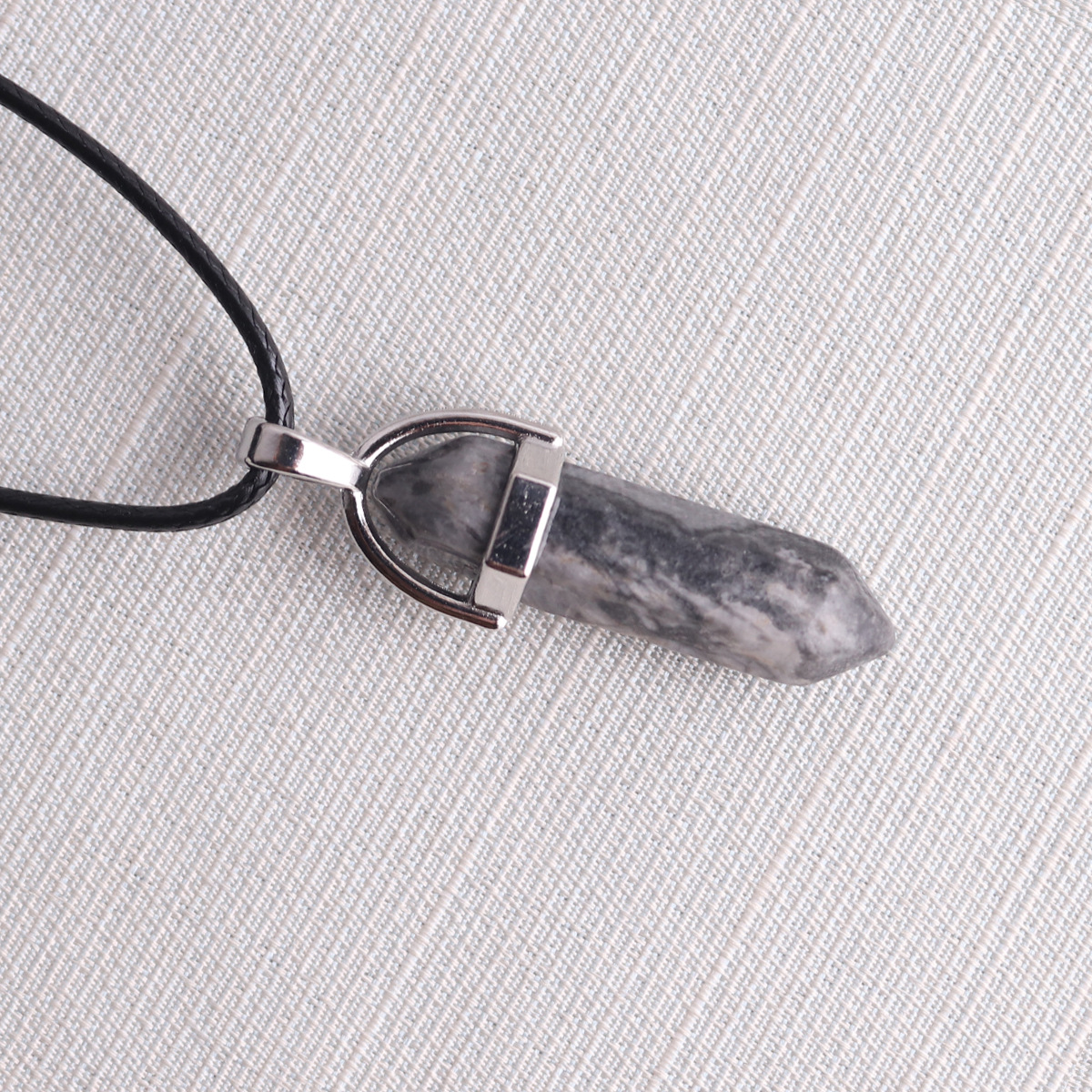 Picture of Natural Stone Hexagonal Pendant European and American Natural Crystal Hexagonal Prism Bullet Hexahedral Black Wax Rope Necklace