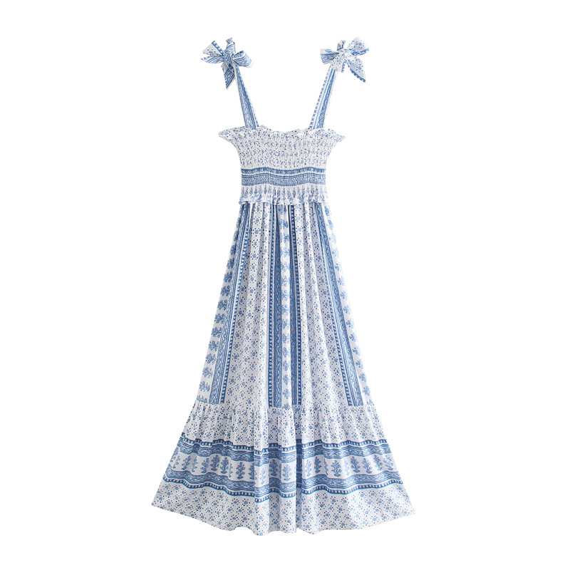 2025 Export Cross-Border European and American Clothing Blue and White Porcelain Suspender Printed Dress 5206