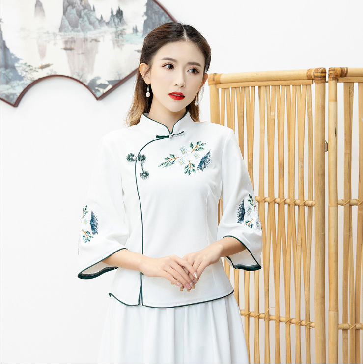 Picture of Strict Selection of Retro National Style Daily Improved Tang Suit Cheongsam Cotton and Linen Embroidered Top Chinese Style Seven-point Sleeve Tea Dress Skirt