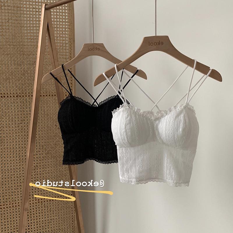 Lace hollow-out beauty back inner and outer wear camisole women's summer Korean style tube top with chest pad