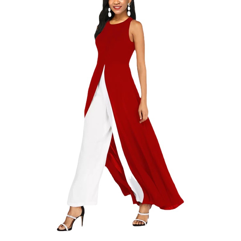 Amazon independent station milk silk stitching chiffon one-piece slim-fit round neck sleeveless milk silk solid color jumpsuit