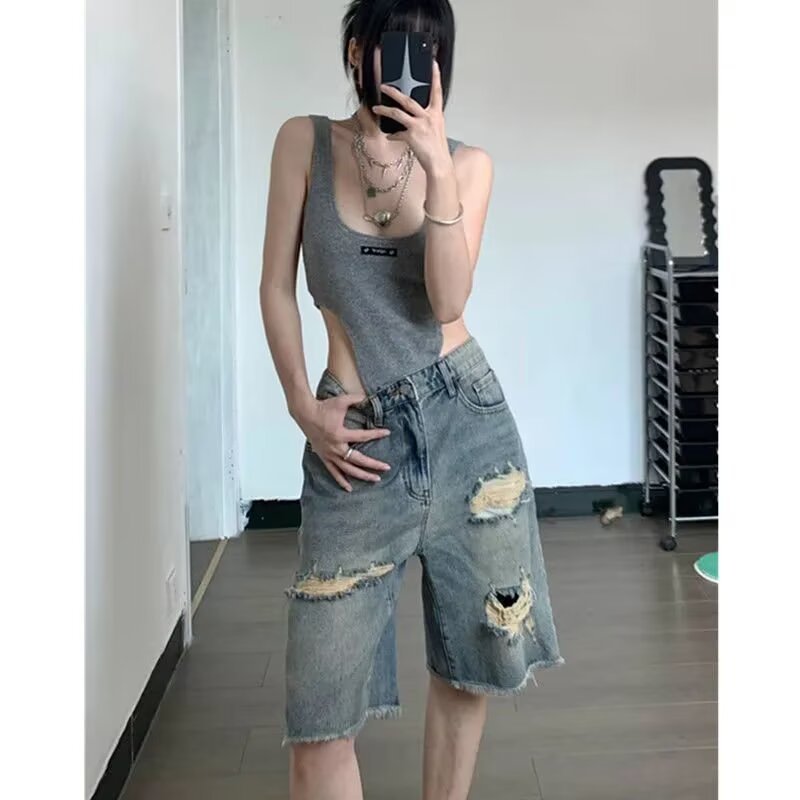 Ripped Ruffled Denim Pants Summer New Women's Slim High Waist Mid-Pants Niche Tight Straight Jeans Trendy