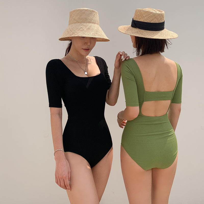 New Korean ins Wind square collar short sleeve halverback triangle one-piece swimsuit bikini small chest thin student swimsuit