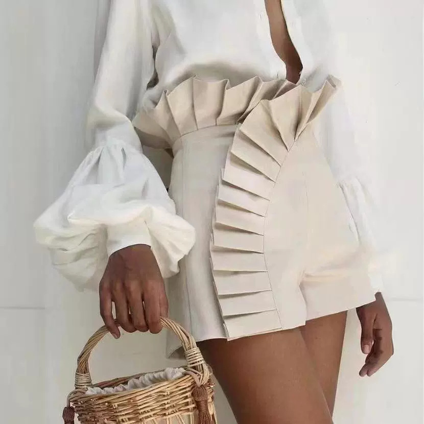 Cross-border European and American New Fashion Ladies Solid Color Pleated Lace Design High Waist Zipper Shorts in stock