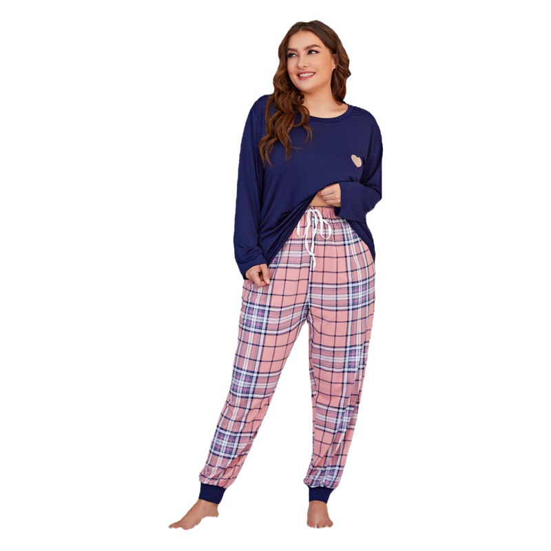 Amazon European and American Women's Pajamas Heart Print Fat mm Large Size Long-Sleeved Two-Piece Home Clothes Export Independent Station