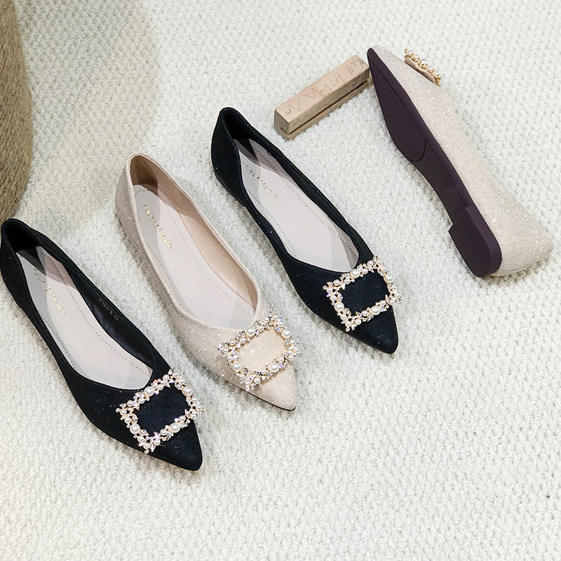 Huiliya New Metal Buckle Pointed Flat Shoes Women's Shoes Slip-on Low Heeled Shallow Soft Bottom F188-3