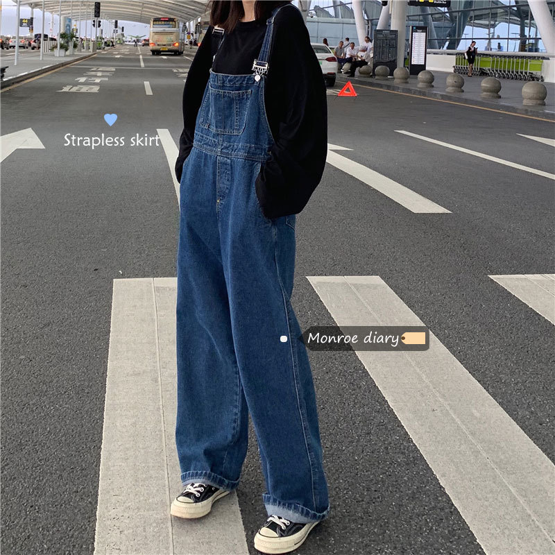 Picture of Japanese Style Versatile Denim Overalls for Women 2024 Spring & Fall New Design Retro Loose Suspenders Wide Leg Long Pants